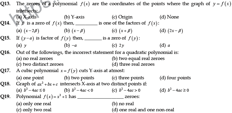 CBSE Class 10 Mathematics Polynomials MCQs, Multiple Choice Questions